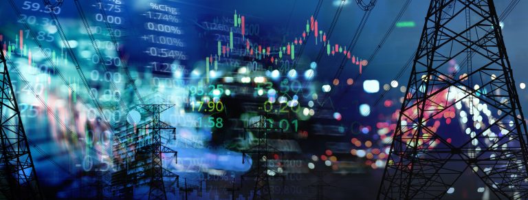 market stock graph and information with city light and electrici